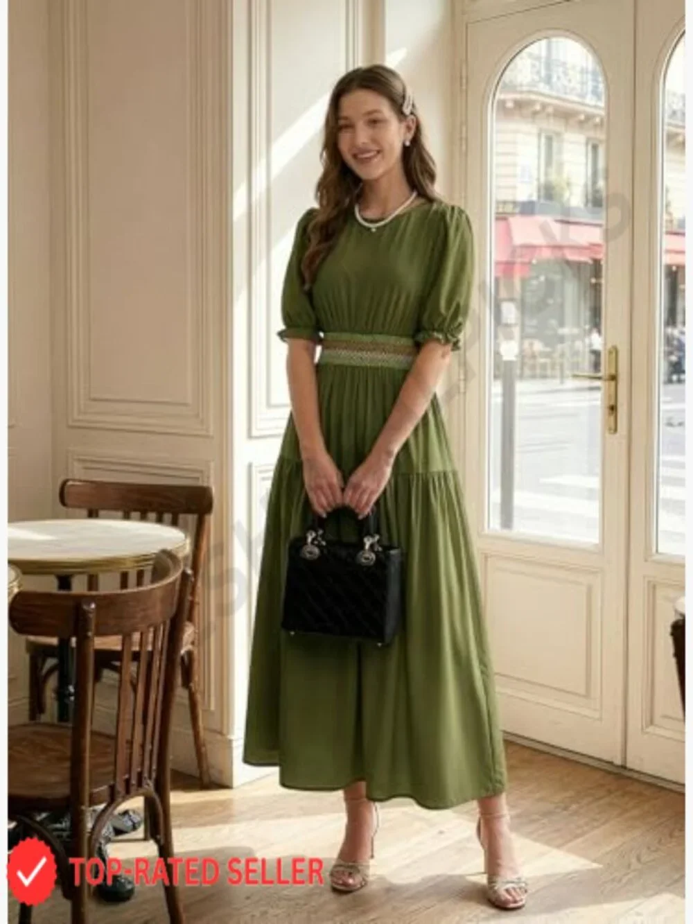 Women's Short Sleeve Smocked Maxi Dress Casual Elastic Waist Boho Tiered Ruffle - Picture 4 of 6